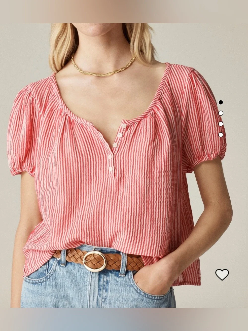 J.Crew Puff-Sleeve Henley Peasant Top in Electric Red & White Striped Gauze XXL